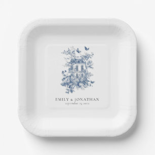Blue Toile De Jouy Floral Names Date Wedding  Paper Plate