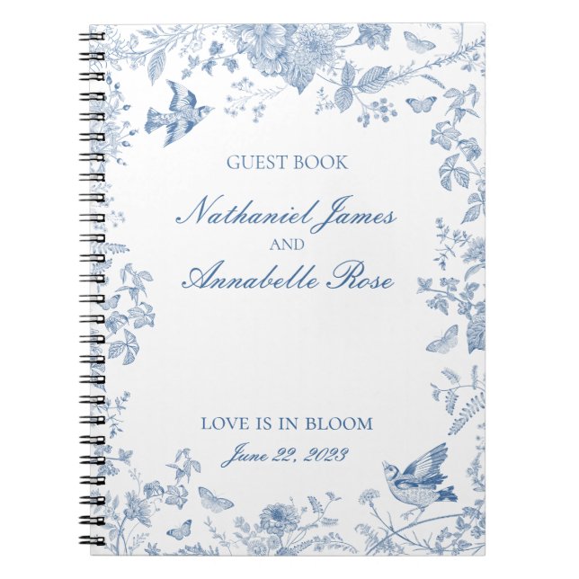 Blue Toile De Jouy Floral Wedding Guest Book (Front)