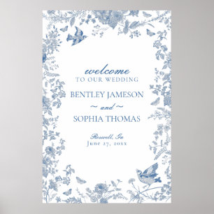 Blue Toile De Jouy Floral Wedding Welcome Sign