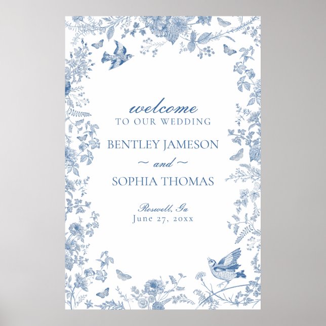 Blue Toile De Jouy Floral Wedding Welcome Sign (Front)