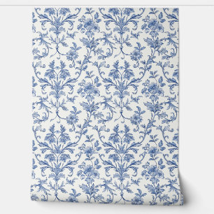 Blue Toile de Jouy French Country Floral Pattern Wallpaper