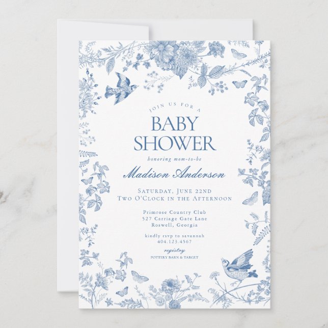 Blue Toile De Jouy French Floral Baby Shower Invitation (Front)
