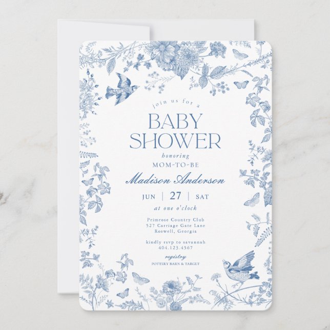 Blue Toile De Jouy French Floral Baby Shower Invitation (Front)