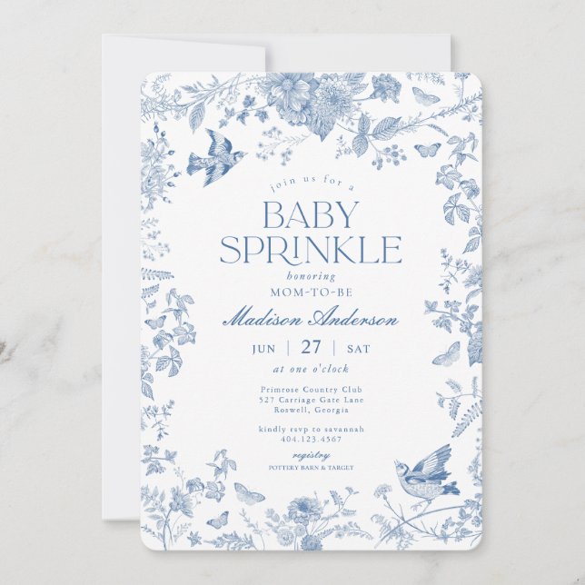 Blue Toile De Jouy French Floral Baby Sprinkle Invitation (Front)