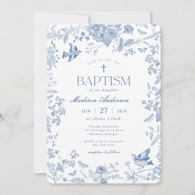 Blue Toile De Jouy French Floral Baptism Invitation (Front)