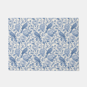 Blue Toile de Jouy French Floral Bird Pattern Doormat
