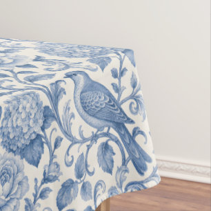 Blue Toile de Jouy French Floral Bird Pattern Tablecloth