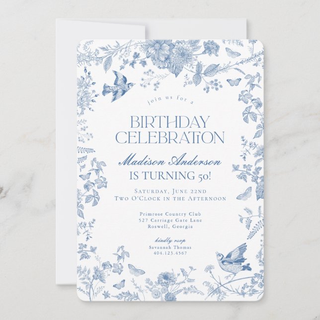 Blue Toile De Jouy French Floral Birthday Party Invitation (Front)