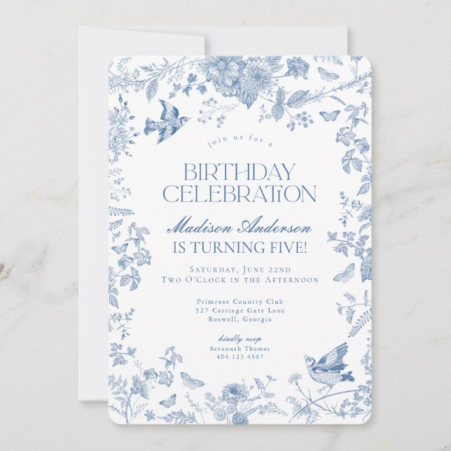 Blue Toile De Jouy French Floral Birthday Party Invitation (Front)