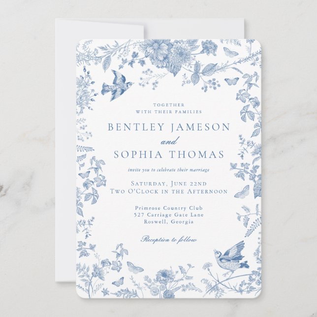 Blue Toile De Jouy French Floral Wedding Invitation (Front)
