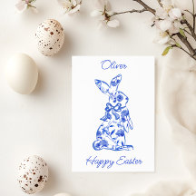 Blue Toile De Jouy Happy Easter Greeting Card