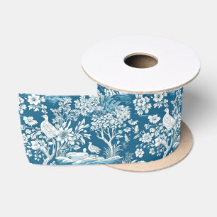 Blue Toile de Jouy-inspired Floral Thick Satin Ribbon