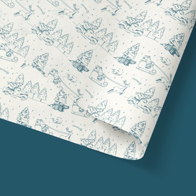 Blue Toile de Jouy Modern Christmas Scenes Tissue Paper (blue toile de jouy illustrations of christmas scenes with santa claus and snowy trees tissue paper)