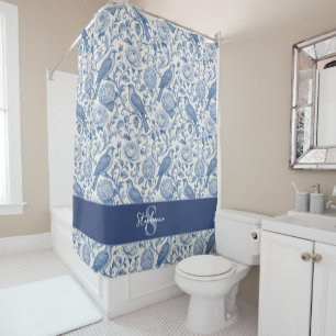 Blue Toile de Jouy Monogram French Floral Pattern Shower Curtain
