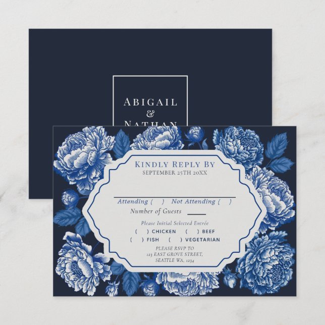 Blue Toile De Jouy Peony Wedding RSVP Enclosure Card (Front/Back)