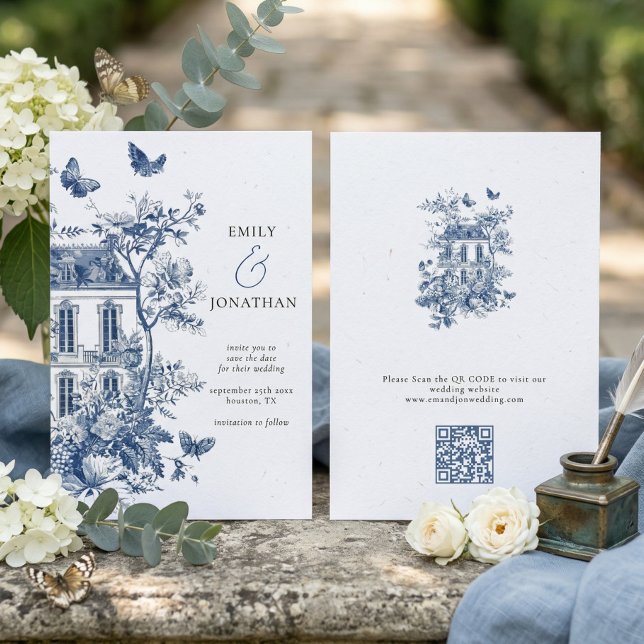 Blue Toile De Jouy QR Wedding Save the Date (Creator Uploaded)