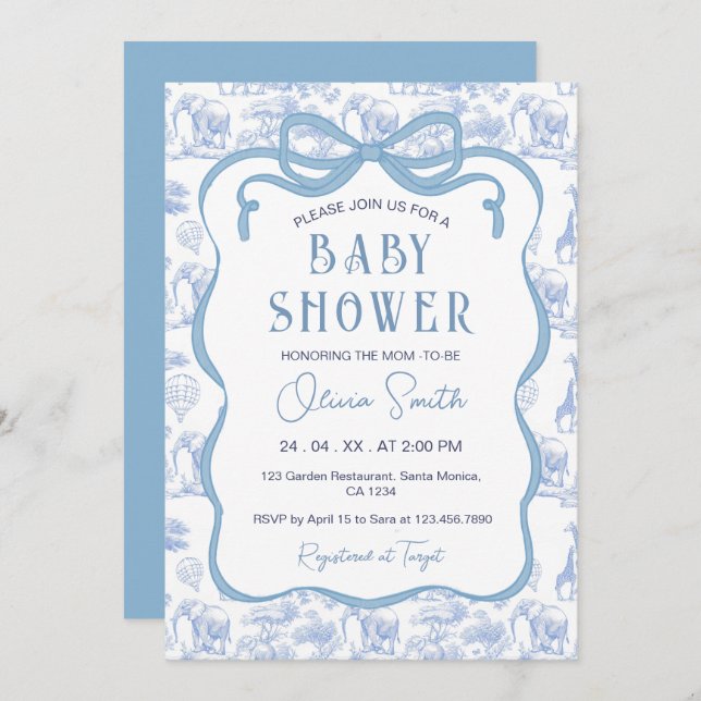 Blue Toile De Jouy Safari Animals Bow Baby Shower Invitation (Front/Back)