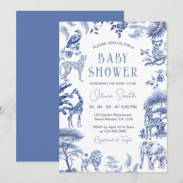 Blue Toile De Jouy Safari Animals Boy Baby Shower Invitation (Front/Back)