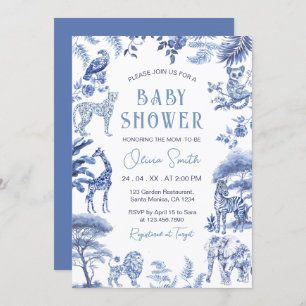 Blue Toile De Jouy Safari Animals Boy Baby Shower Invitation