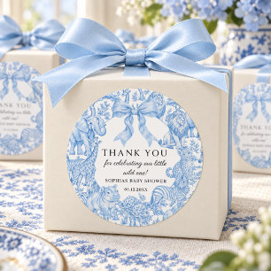 Blue Toile de Jouy Safari Boy Baby Shower Classic Round Sticker