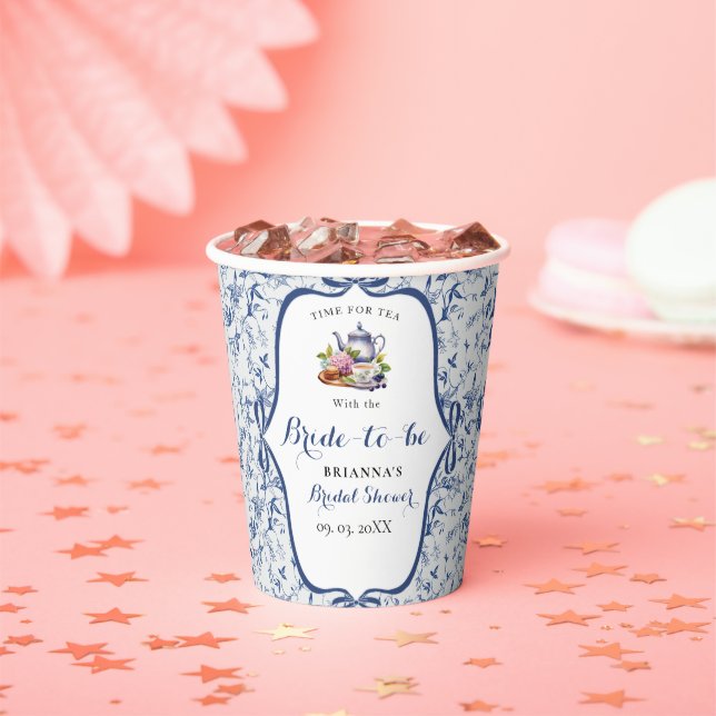 Blue Toile de jouy Tea Party Bridal shower Paper Cups (Insitu)