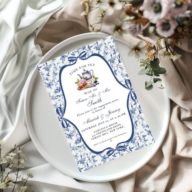 Blue Toile de jouy Tea Party Engagement  Party Invitation (Creator Uploaded)
