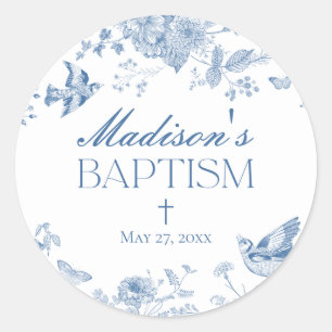 Blue Toile De Jouy Vintage Floral Baptism Classic Round Sticker
