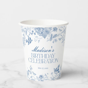 Blue Toile De Jouy Vintage Floral Birthday Party Paper Cups