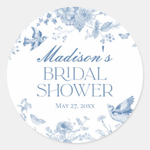Blue Toile De Jouy Vintage Floral Bridal Shower Classic Round Sticker