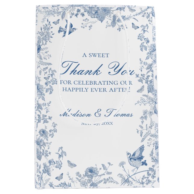 Blue Toile De Jouy Wedding Party Favours Medium Gift Bag (Front)