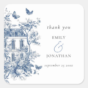 Blue Toile De Jouy Wedding Thank You Square Sticker