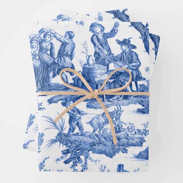 Blue Toile de Jouy  Wrapping Paper Sheet (In situ)