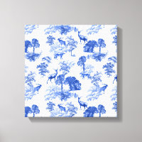 Blue Toile Deer Fox Forest Pattern