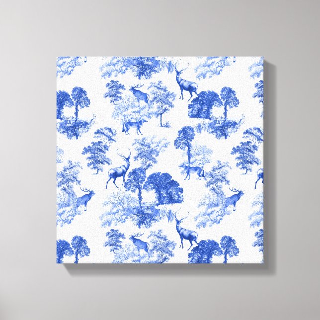 Blue Toile Deer Fox Forest Pattern Canvas Print (Front)
