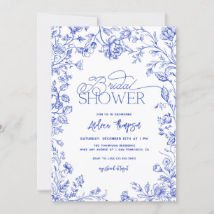 Blue Toile Elegant Modern Script Bridal Shower  Invitation