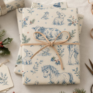 Blue Toile Farm Animal Christmas Wrapping Paper