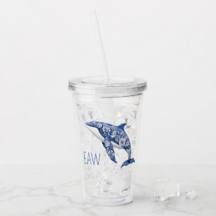 Blue Toile Floral Beach Dolphin Monogram Acrylic Tumbler