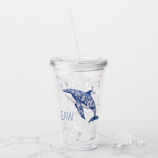 Blue Toile Floral Beach Dolphin Monogram Acrylic Tumbler (Front Ice)