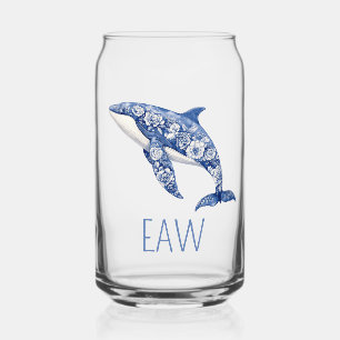 Blue Toile Floral Beach Dolphin Monogram Can Glass