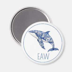 Blue Toile Floral Beach Dolphin Monogram Magnet