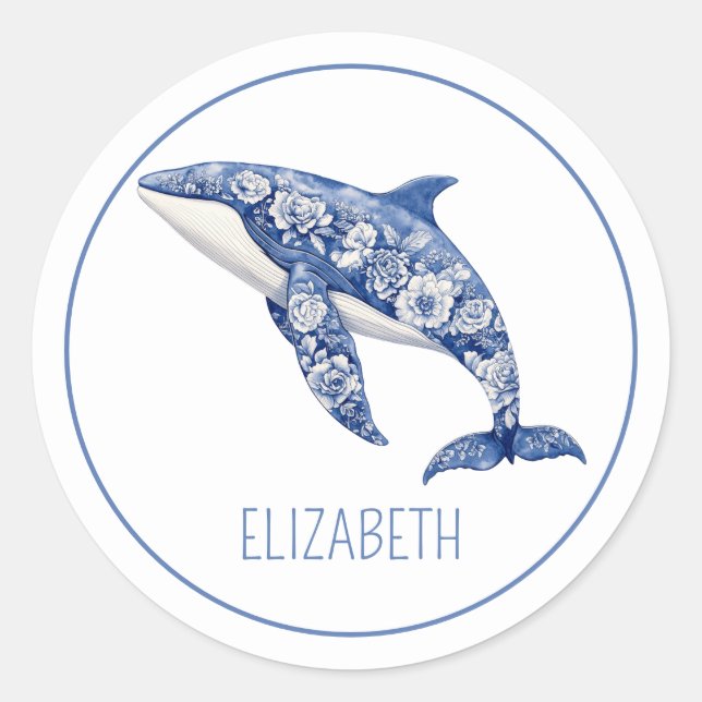 Blue Toile Floral Beach Dolphin Personalised Classic Round Sticker (Front)