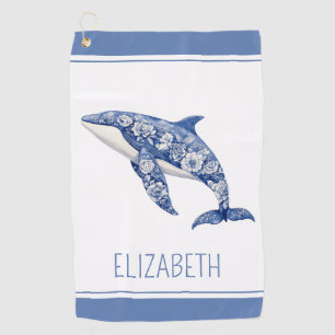 Blue Toile Floral Beach Dolphin Personalised Golf Towel