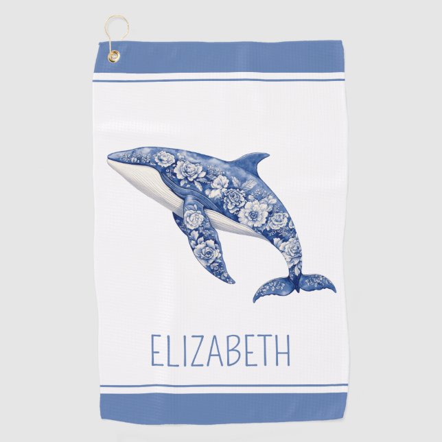Blue Toile Floral Beach Dolphin Personalised Golf Towel (Front)