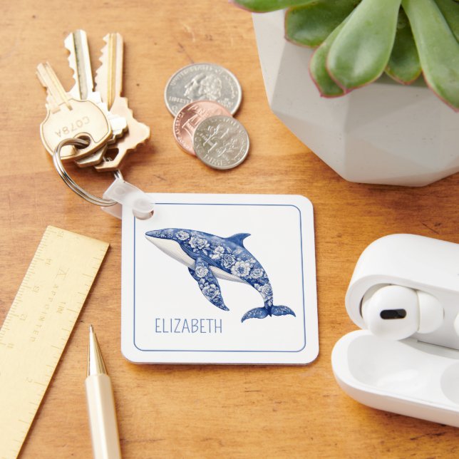 Blue Toile Floral Beach Dolphin Personalised Key Ring (Desk)