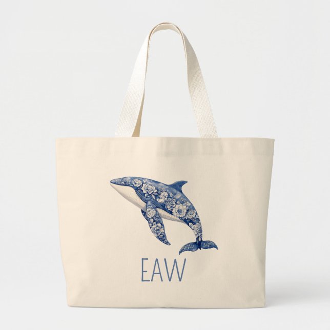 Blue Toile Floral Beach Dolphin Personalised Large Tote Bag (Front)