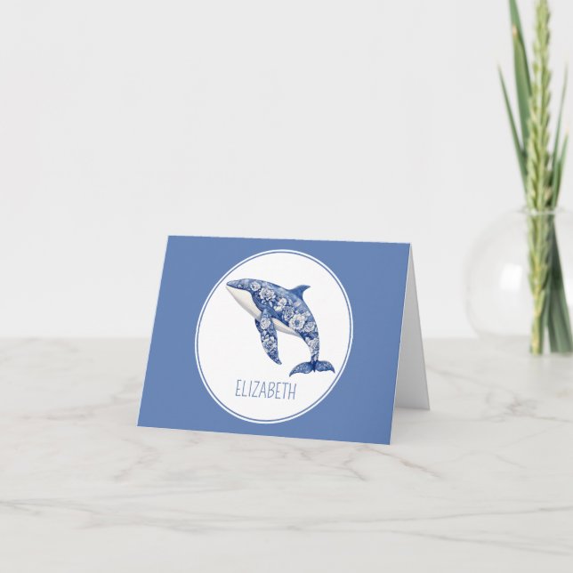 Blue Toile Floral Beach Dolphin Personalised Note Card (Front)