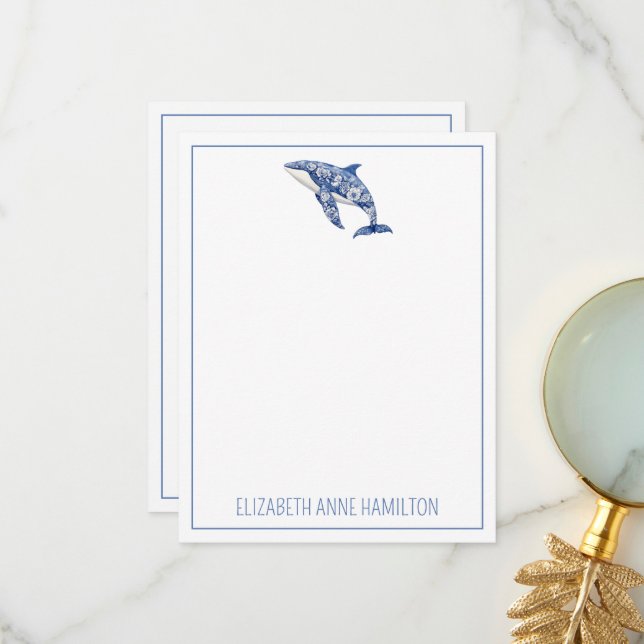 Blue Toile Floral Beach Dolphin Personalised Thank You Card (Front/Back In Situ)