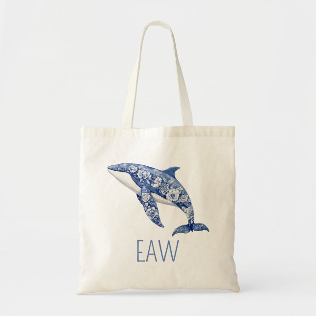 Blue Toile Floral Beach Dolphin Personalised Tote Bag (Front)
