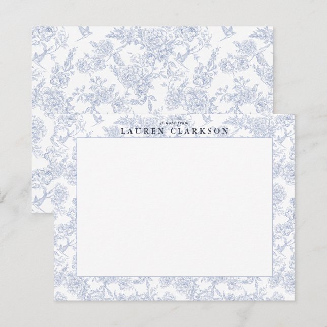 Blue Toile Floral Border Note Card (Front/Back)