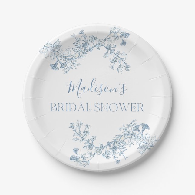 Blue Toile Floral Bridal Shower Paper Plates (Front)